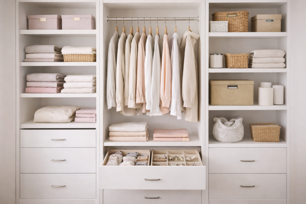 ammattijärjestäjän järjestämä vaatekaappi uudellamaalla, selkeä ja toimiva säilytysratkaisu kotiin