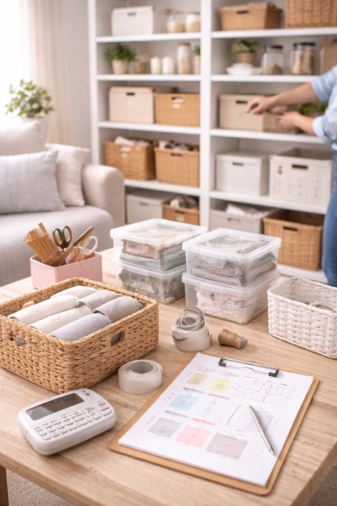 Järjestetty kotitila, säilytyslaatikot ja korit kodin järjestämispalvelun työvaiheessa helsingissä, espoossa, vantaalla ja uudellamaalla