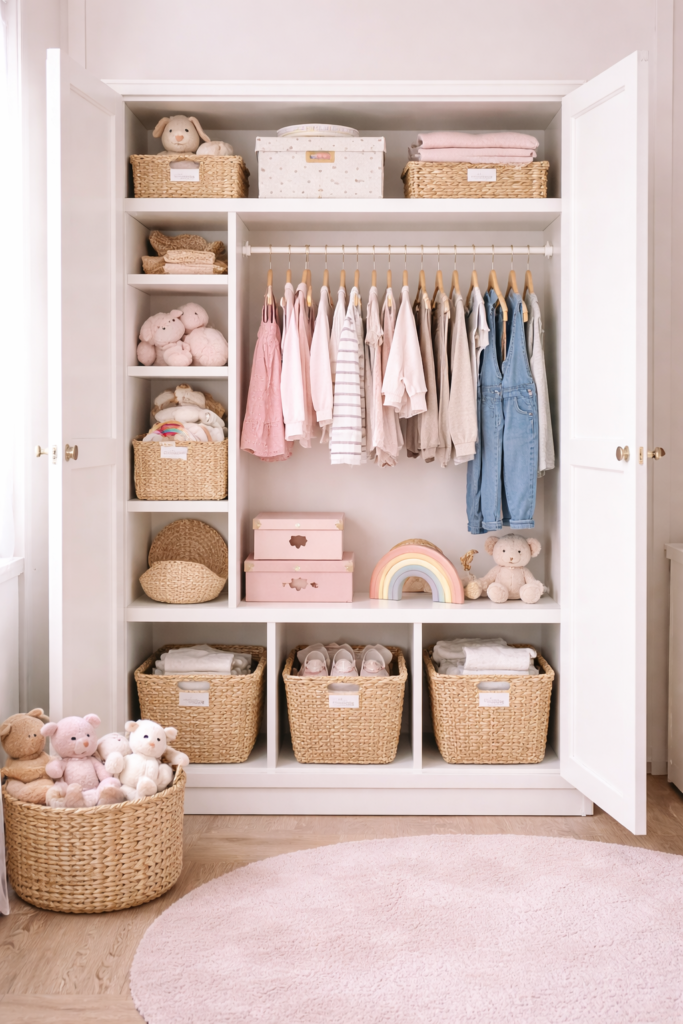 järjestetty lasten vaatekaappi, jossa vaatteet ripustettu, lelut ja tekstiilit siististi koreissa ja hyllyillä
