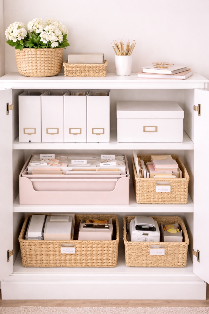 järjestetyt paperit ja asiakirjat kotitoimiston säilytyskaapissa, kansiot ja dokumentit selkeästi lajiteltuina