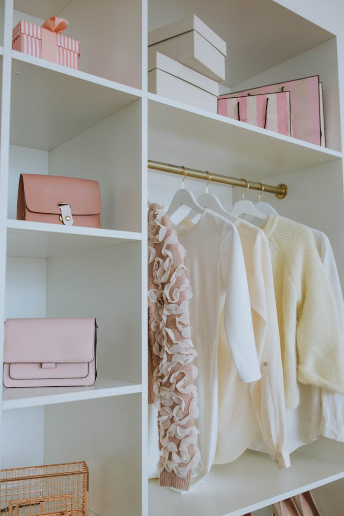 The Art of Drawing Readers In: Your attractive post title goes here Stylish feminine wardrobe with clothes, bags, and gifts neatly organized on shelves.
